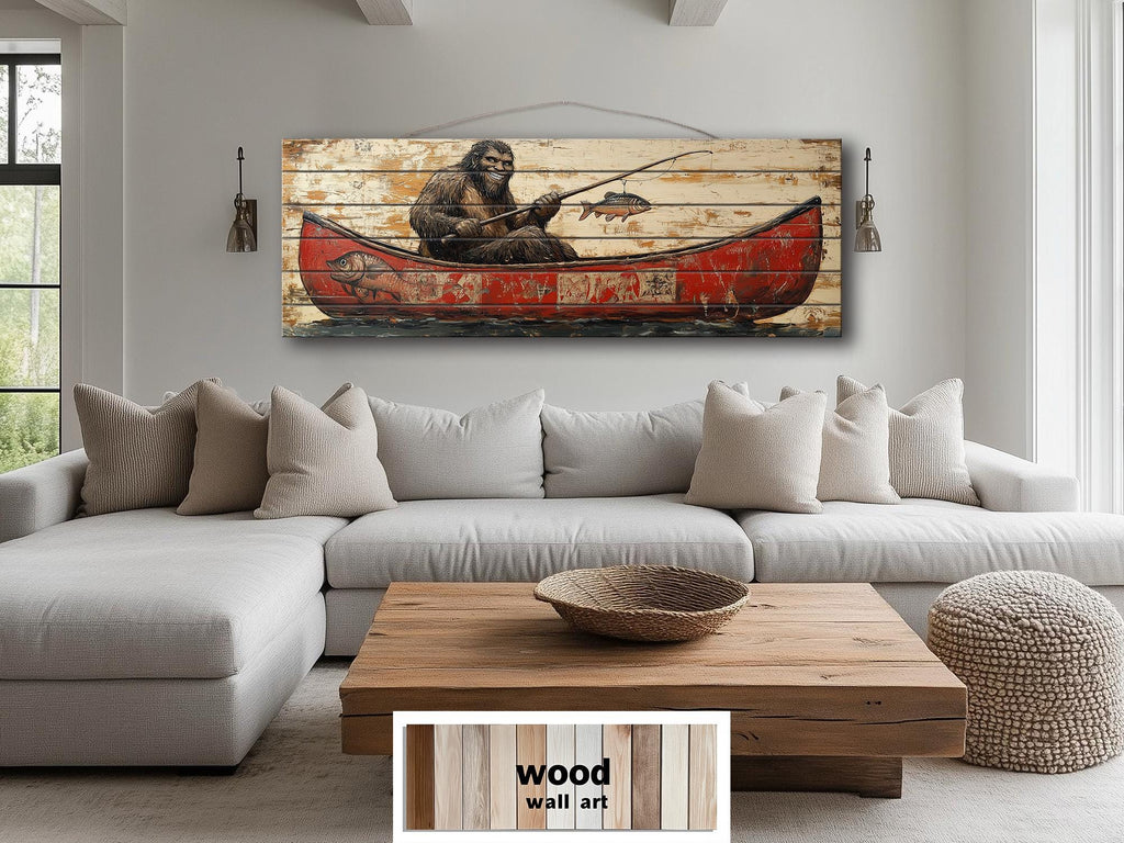 Bigfoot Fishing In Red Canoe Real Wood Wall Art For Cabin Decor
