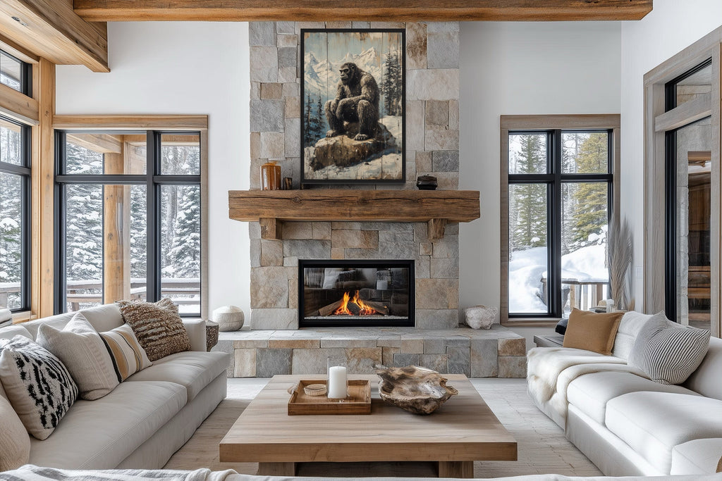 Bigfoot In Snowy Mountains Painting On Wood Framed Canvas Wall Art