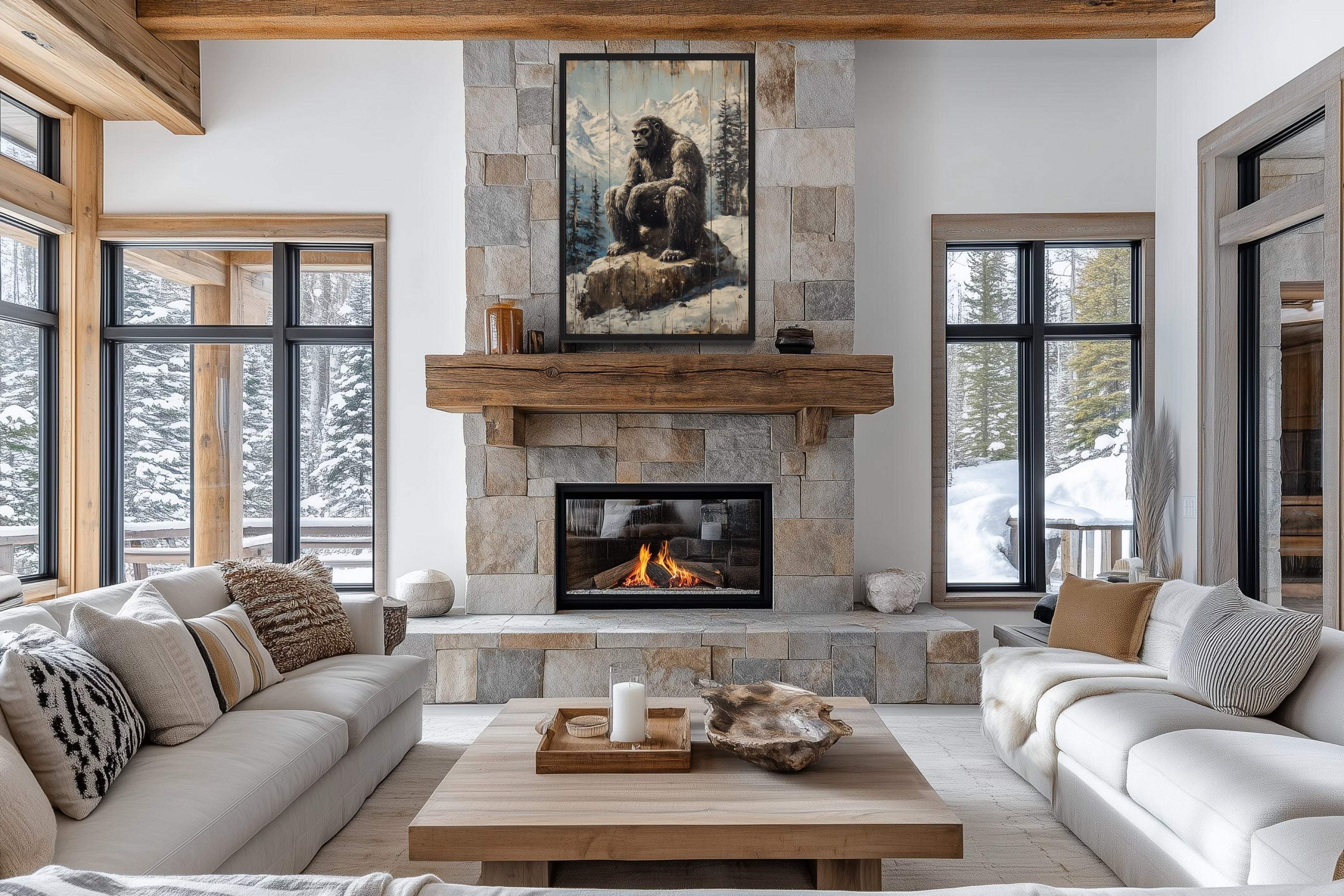 Bigfoot In Snowy Mountains Painting On Wood Framed Canvas Wall Art