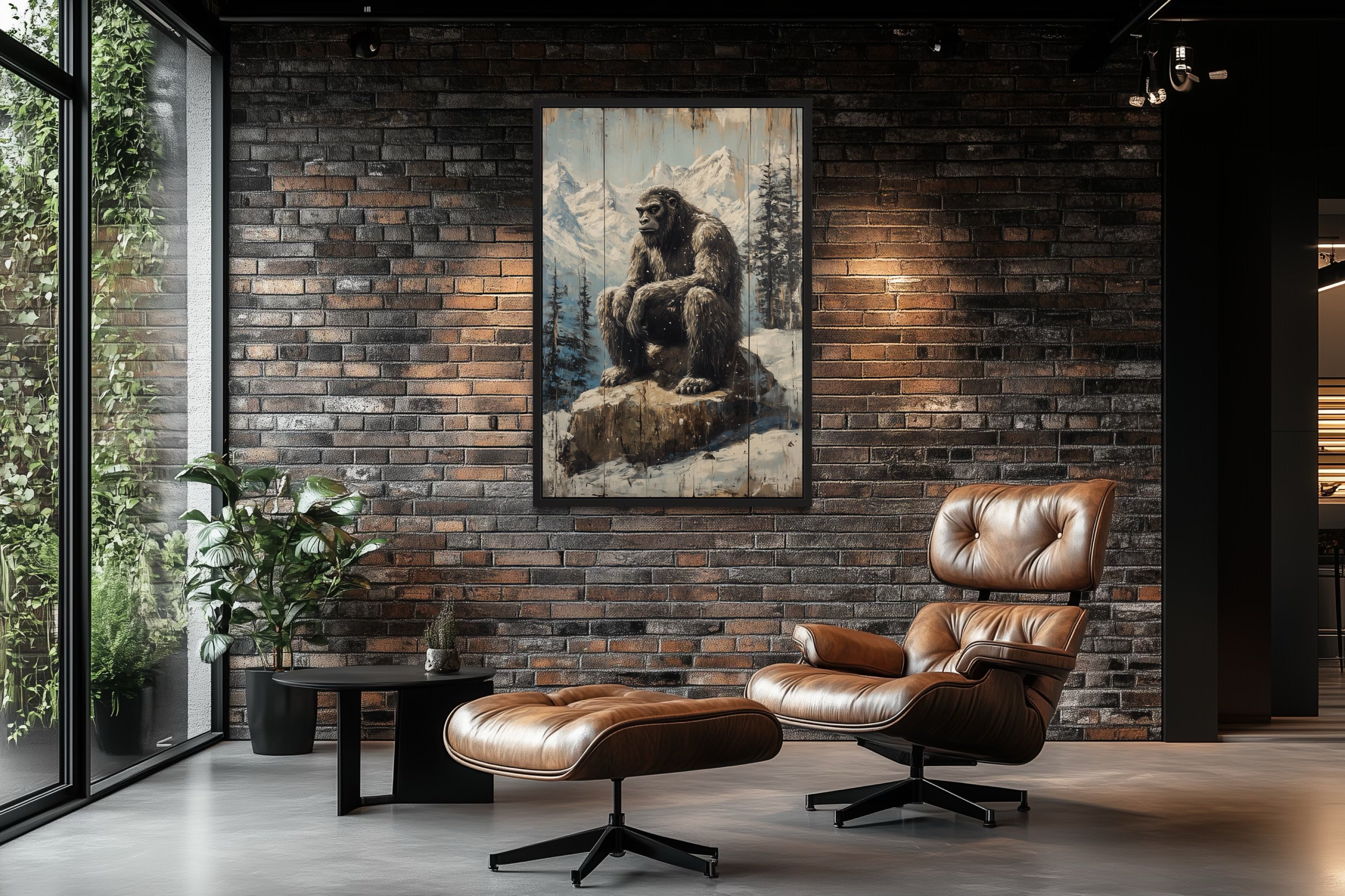Bigfoot In Snowy Mountains Painting On Wood Framed Canvas Wall Art