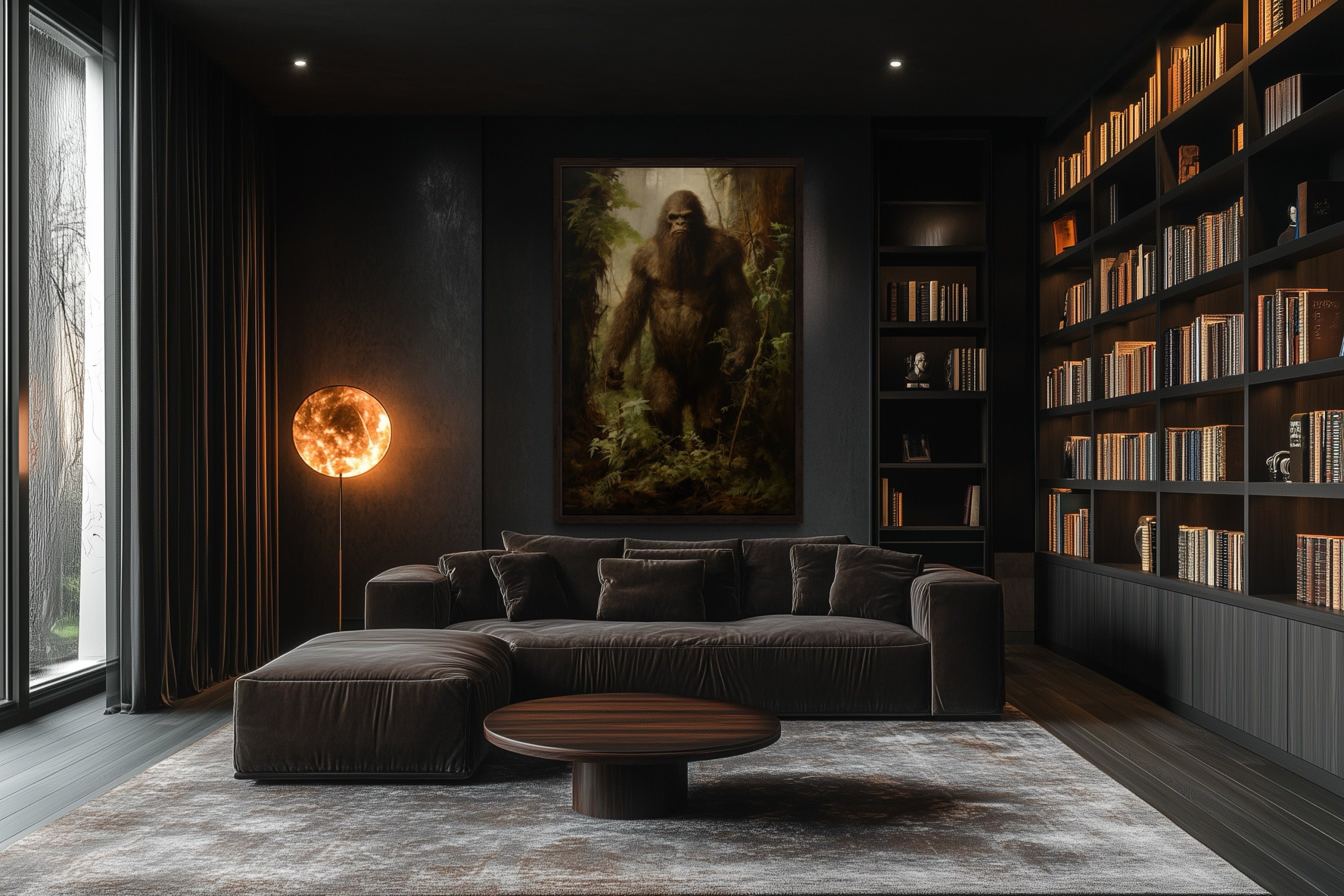 Bigfoot In The Forest Framed Canvas Wall Art