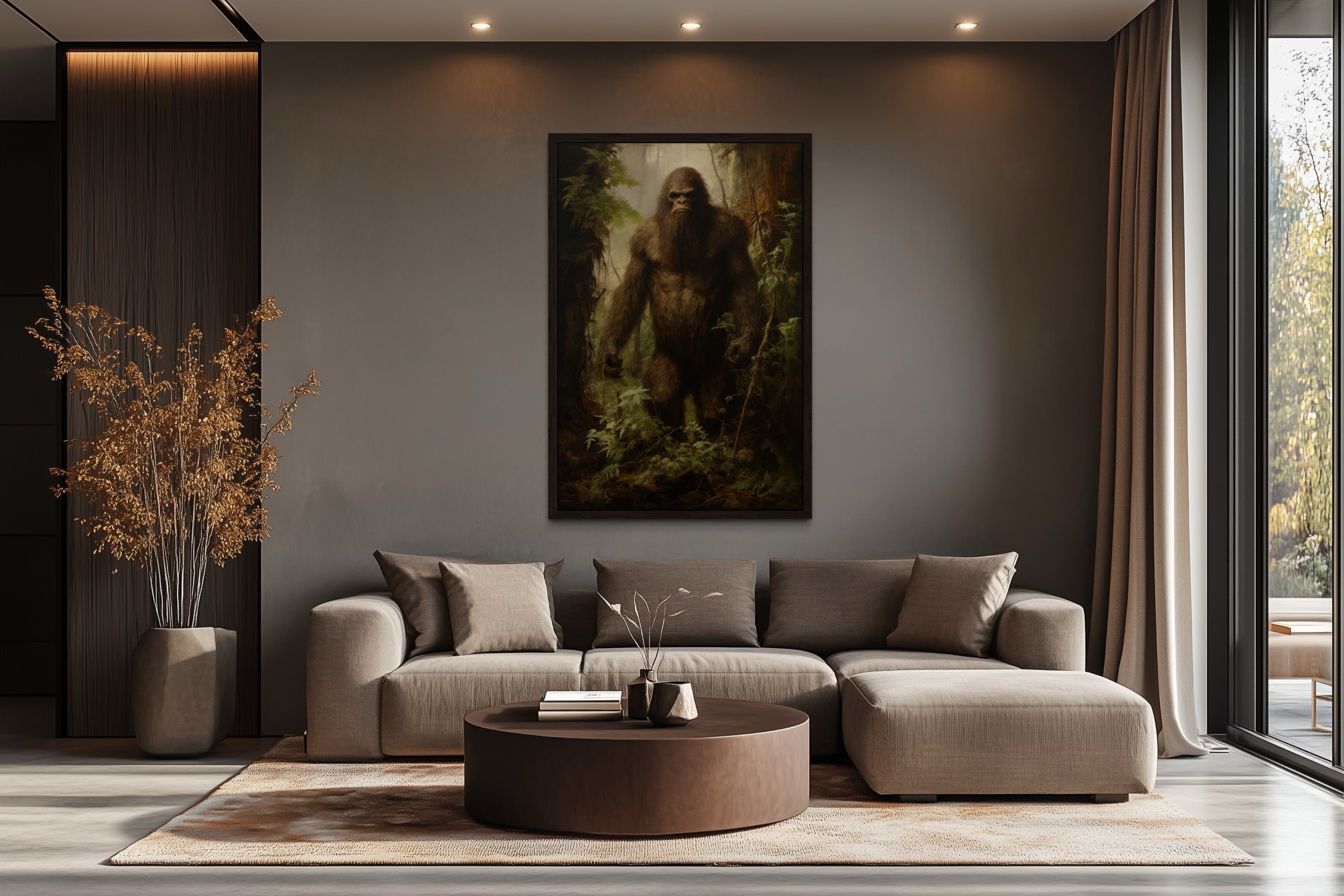 Bigfoot In The Forest Framed Canvas Wall Art