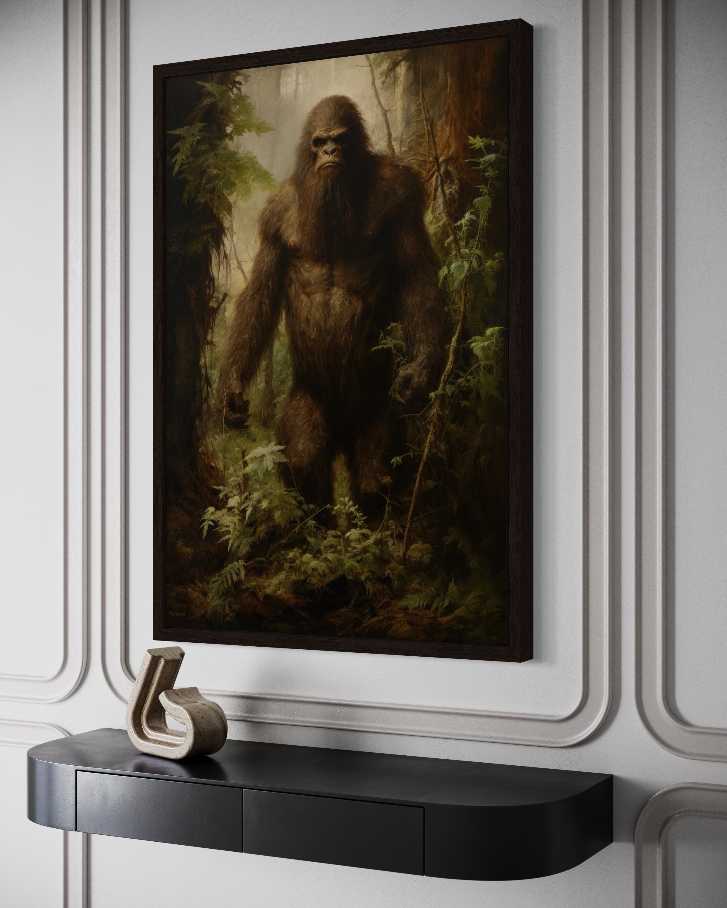 Bigfoot In The Forest Framed Canvas Wall Art