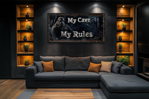 Bigfoot Man Cave Wall Art - My Cave My Rules Canvas Print