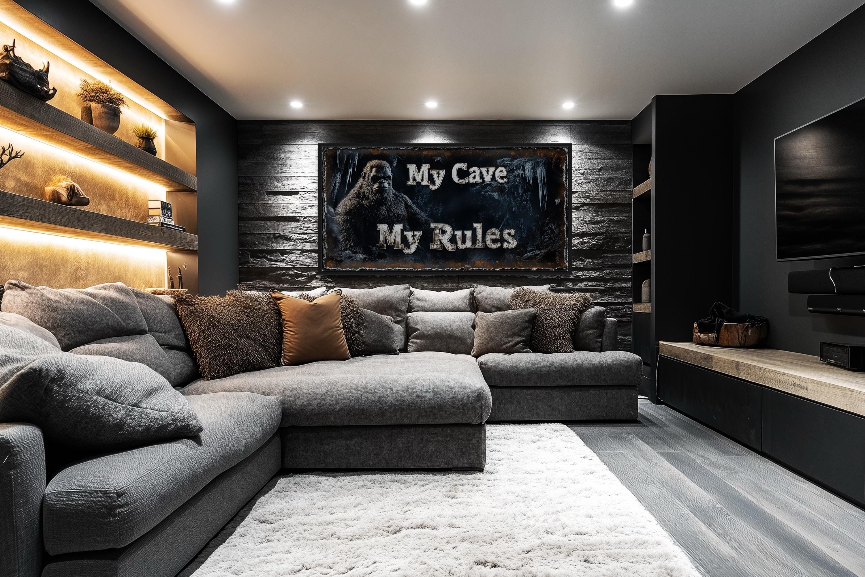 Bigfoot Man Cave Wall Art - My Cave My Rules Canvas Print