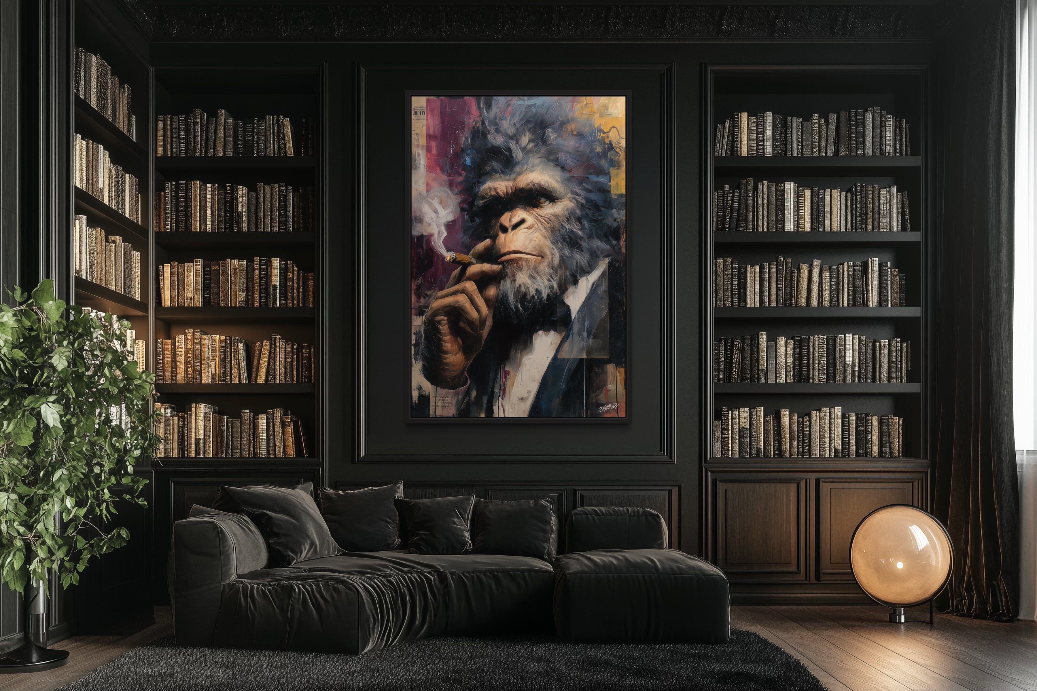 Bigfoot Smoking Cigar Framed Canvas Wall Art