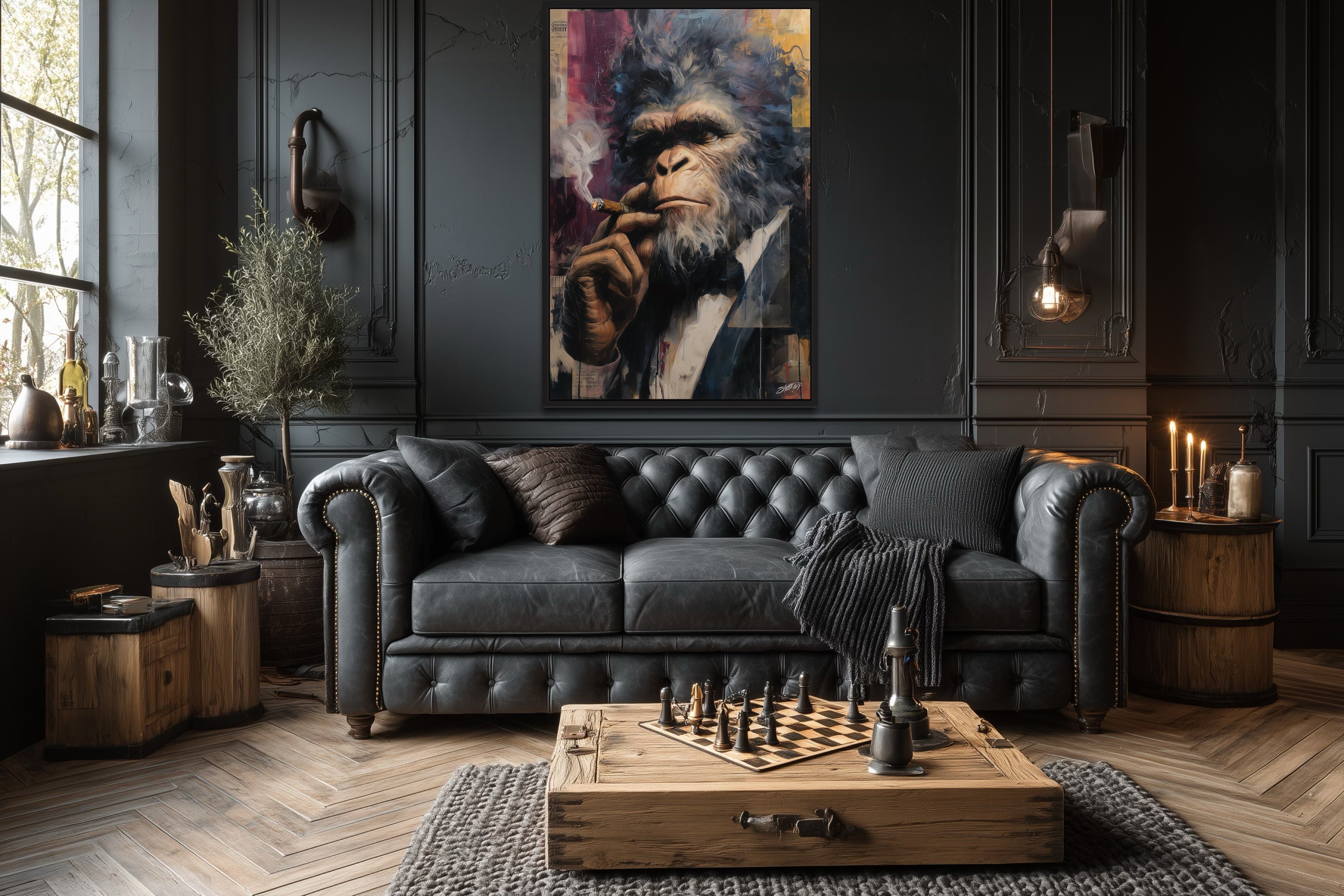 Bigfoot Smoking Cigar Framed Canvas Wall Art
