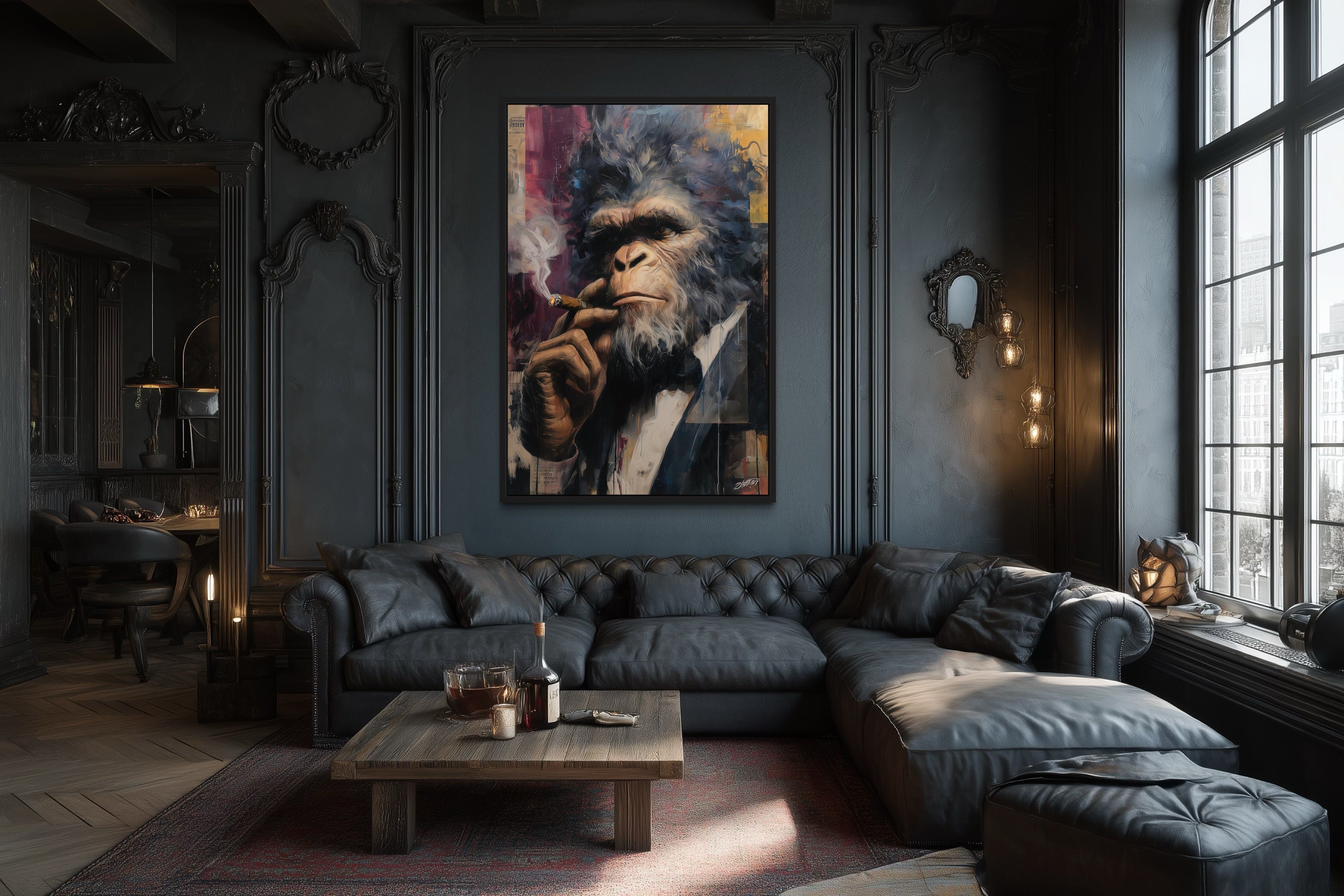 Bigfoot Smoking Cigar Framed Canvas Wall Art