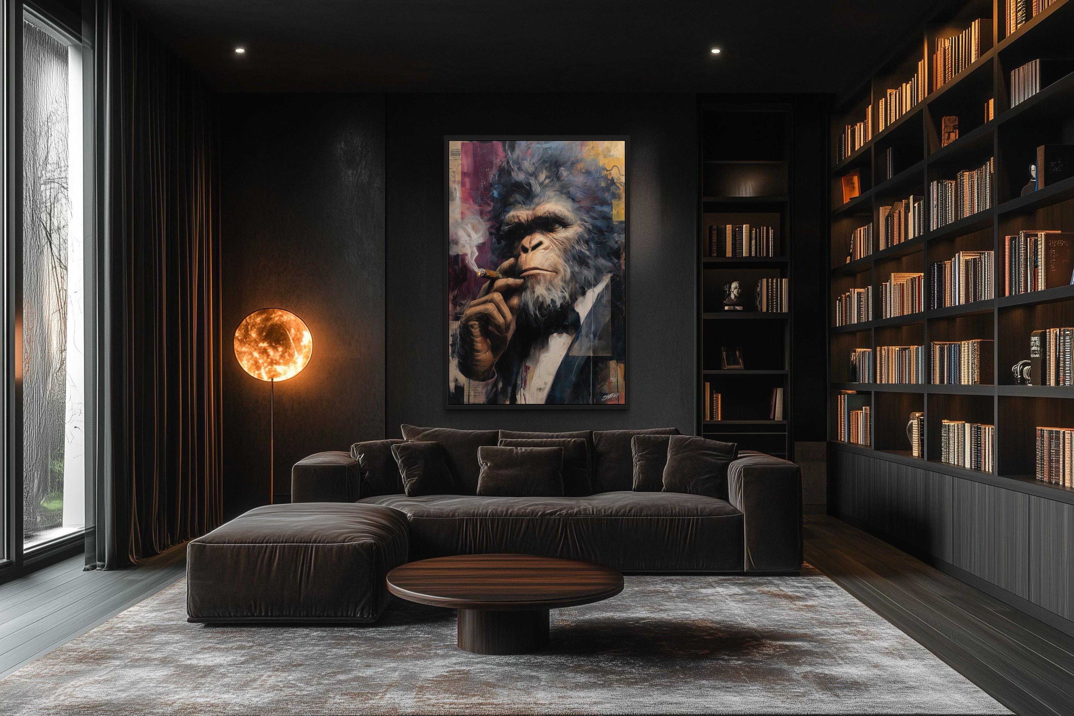 Bigfoot Smoking Cigar Framed Canvas Wall Art