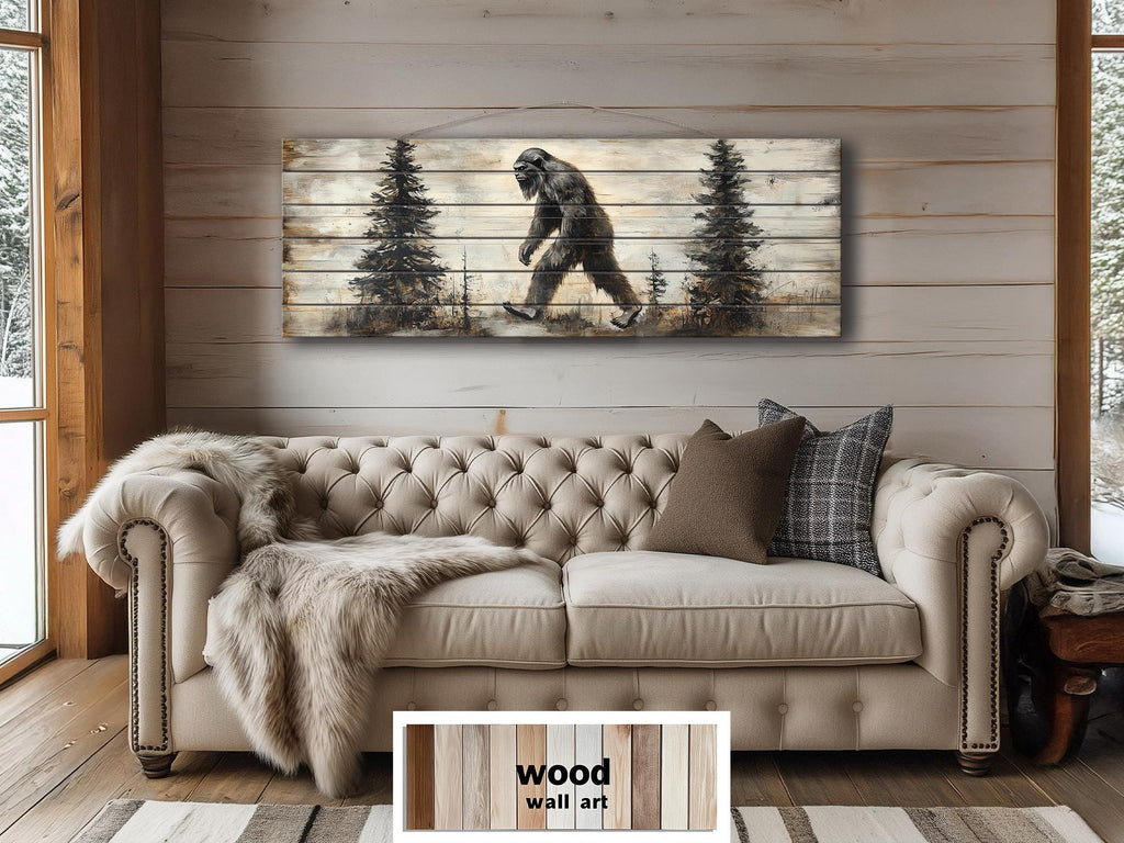 Bigfoot Walking In Forest Real Wood Wall Art For Cabin Decor