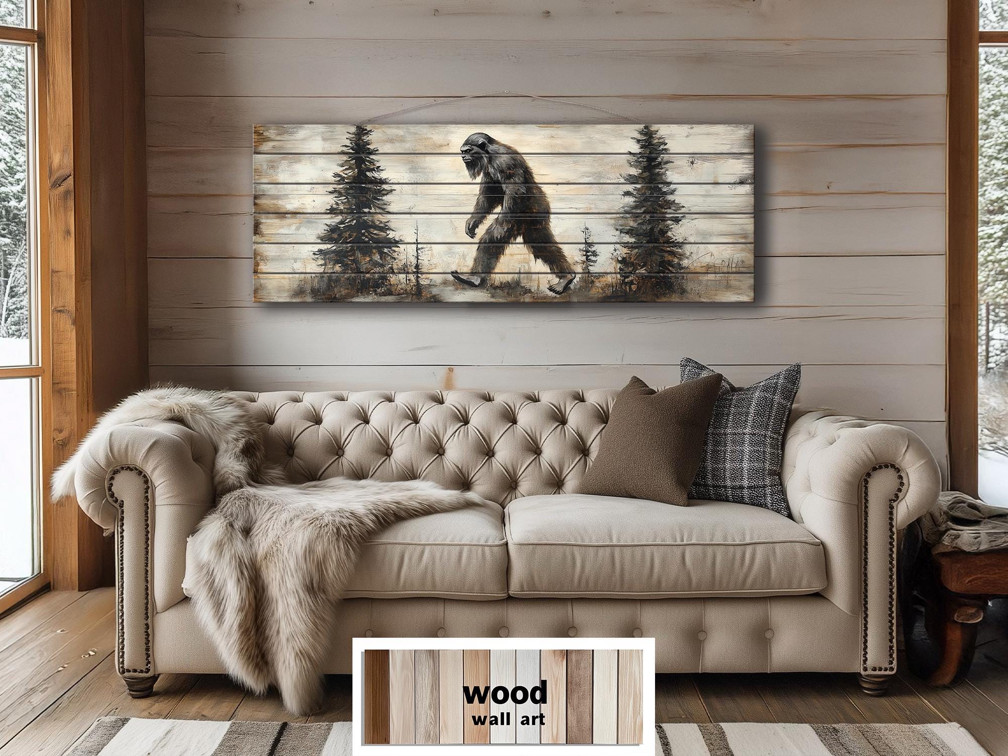 Bigfoot Walking In Forest Real Wood Wall Art For Cabin Decor