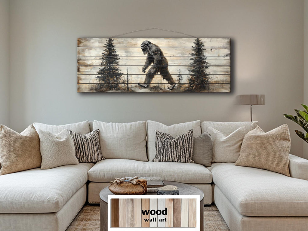 Bigfoot Walking In Forest Real Wood Wall Art For Cabin Decor