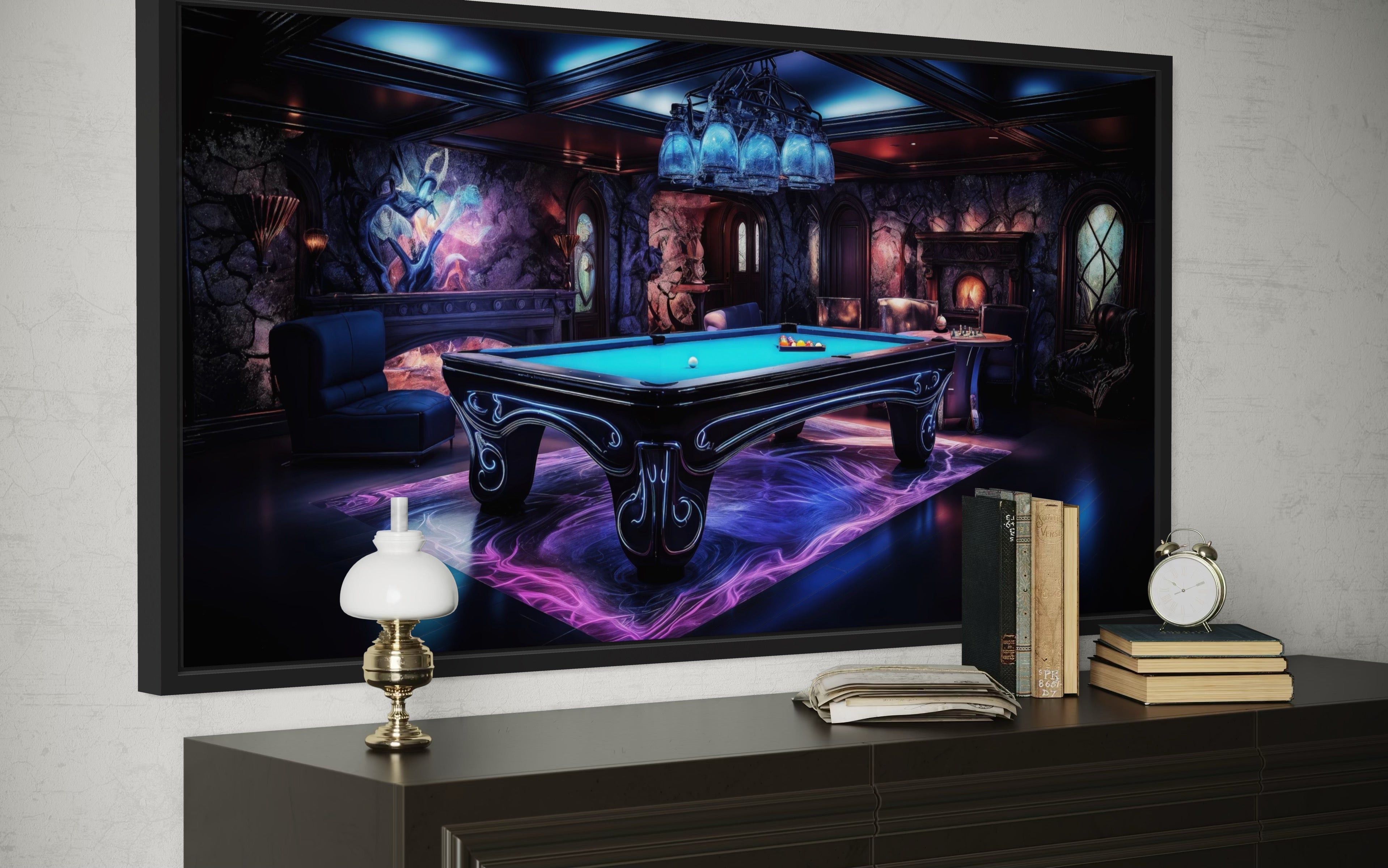 Billiards Neon Wall Art - Vibrant Pool Game Room Art | Framed Canvas Print