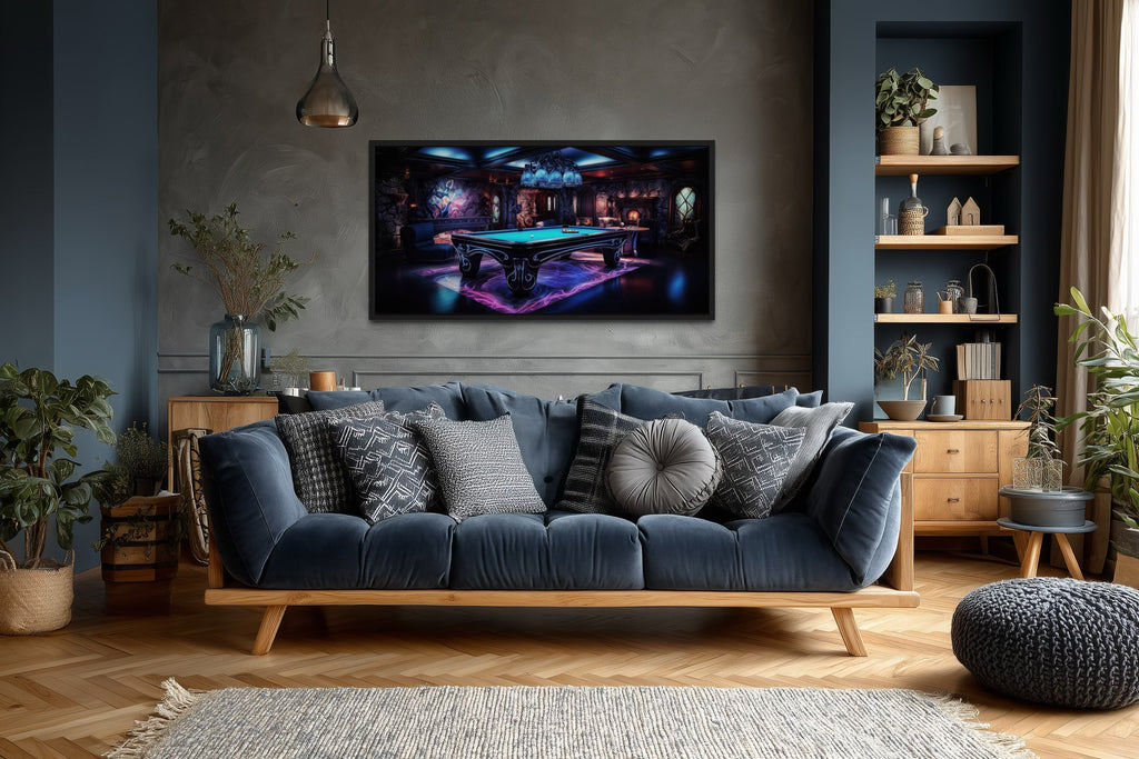 Billiards Neon Wall Art - Vibrant Pool Game Room Art | Framed Canvas Print