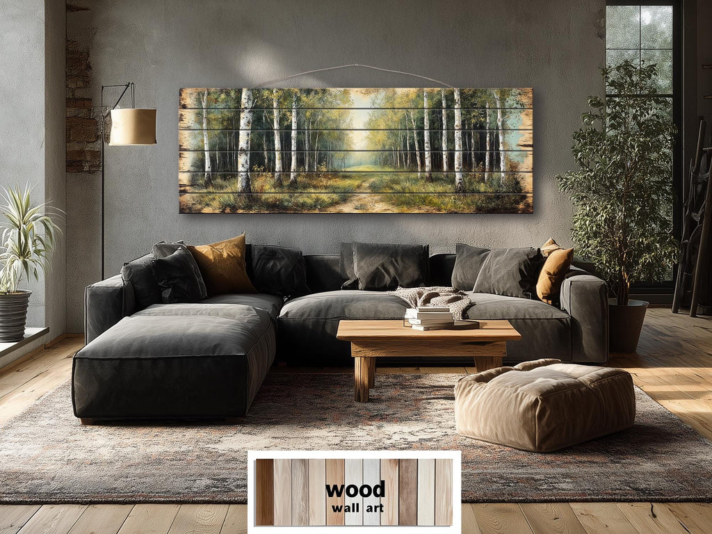 Birch Forest Wood Wall Art - Rustic Cabin Decor Distressed Wood Print Forest Path Artwork