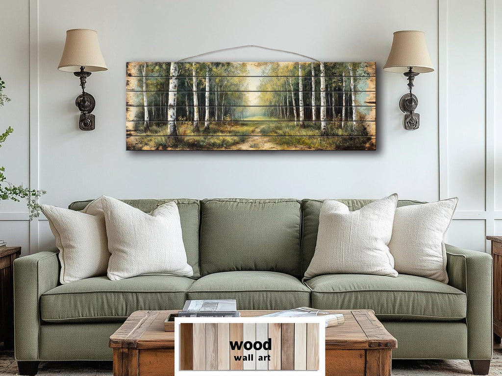 Birch Forest Wood Wall Art - Rustic Cabin Decor Distressed Wood Print Forest Path Artwork