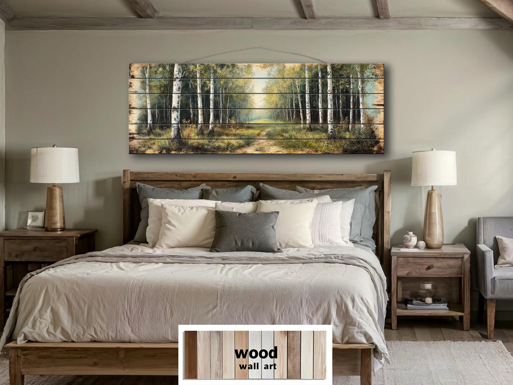 Birch Forest Wood Wall Art - Rustic Cabin Decor Distressed Wood Print Forest Path Artwork