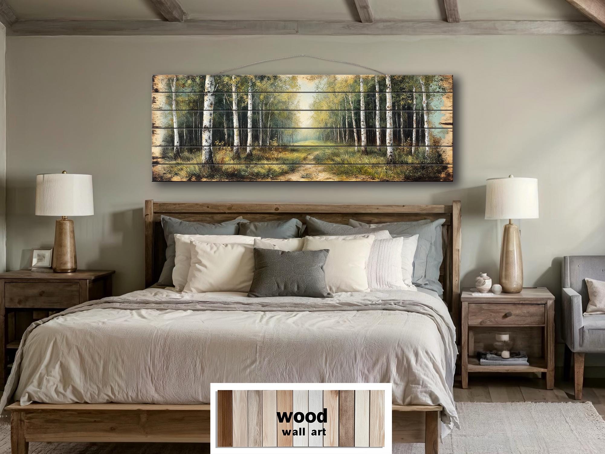 Birch Forest Wood Wall Art - Rustic Cabin Decor Distressed Wood Print Forest Path Artwork