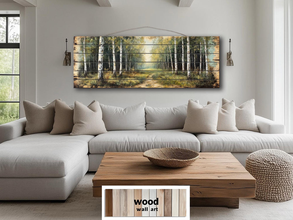 Birch Forest Wood Wall Art - Rustic Cabin Decor Distressed Wood Print Forest Path Artwork