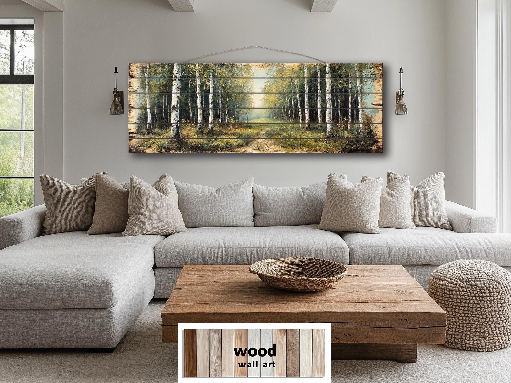Birch Forest Wood Wall Art - Rustic Cabin Decor Distressed Wood Print Forest Path Artwork
