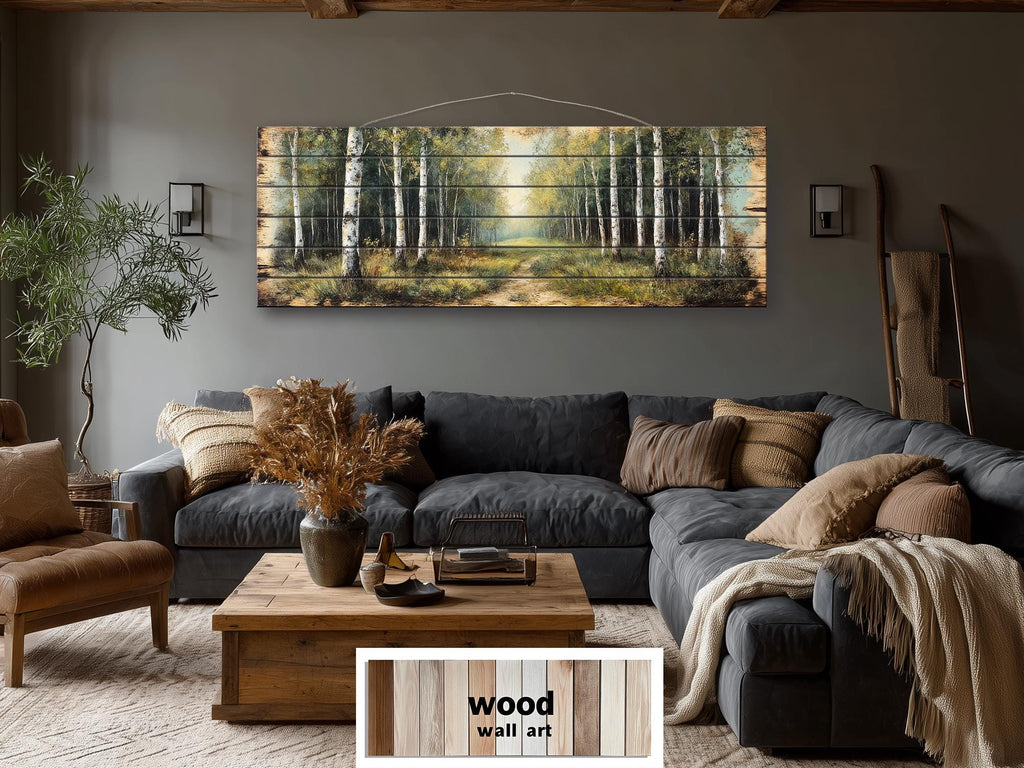 Birch Forest Wood Wall Art - Rustic Cabin Decor Distressed Wood Print Forest Path Artwork