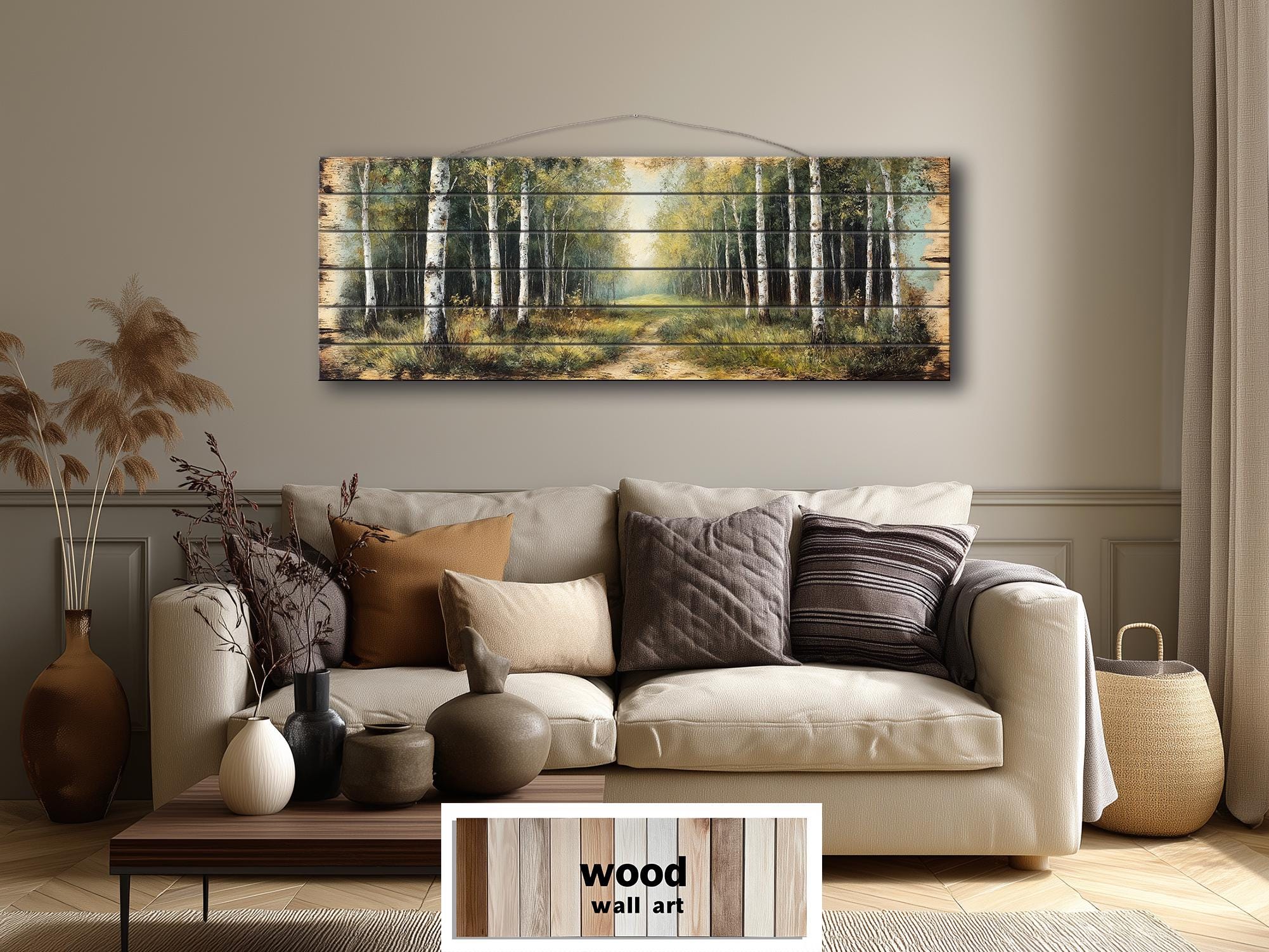 Birch Forest Wood Wall Art - Rustic Cabin Decor Distressed Wood Print Forest Path Artwork