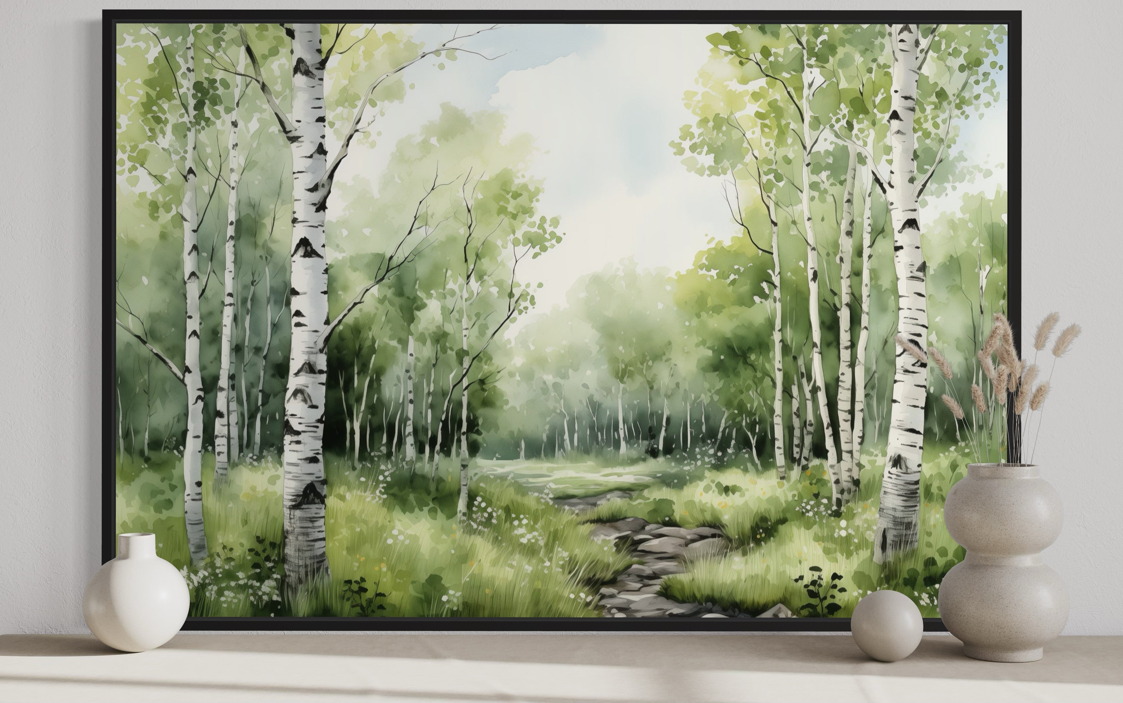 Birch Trees Forest In Summer Framed Canvas Wall Art