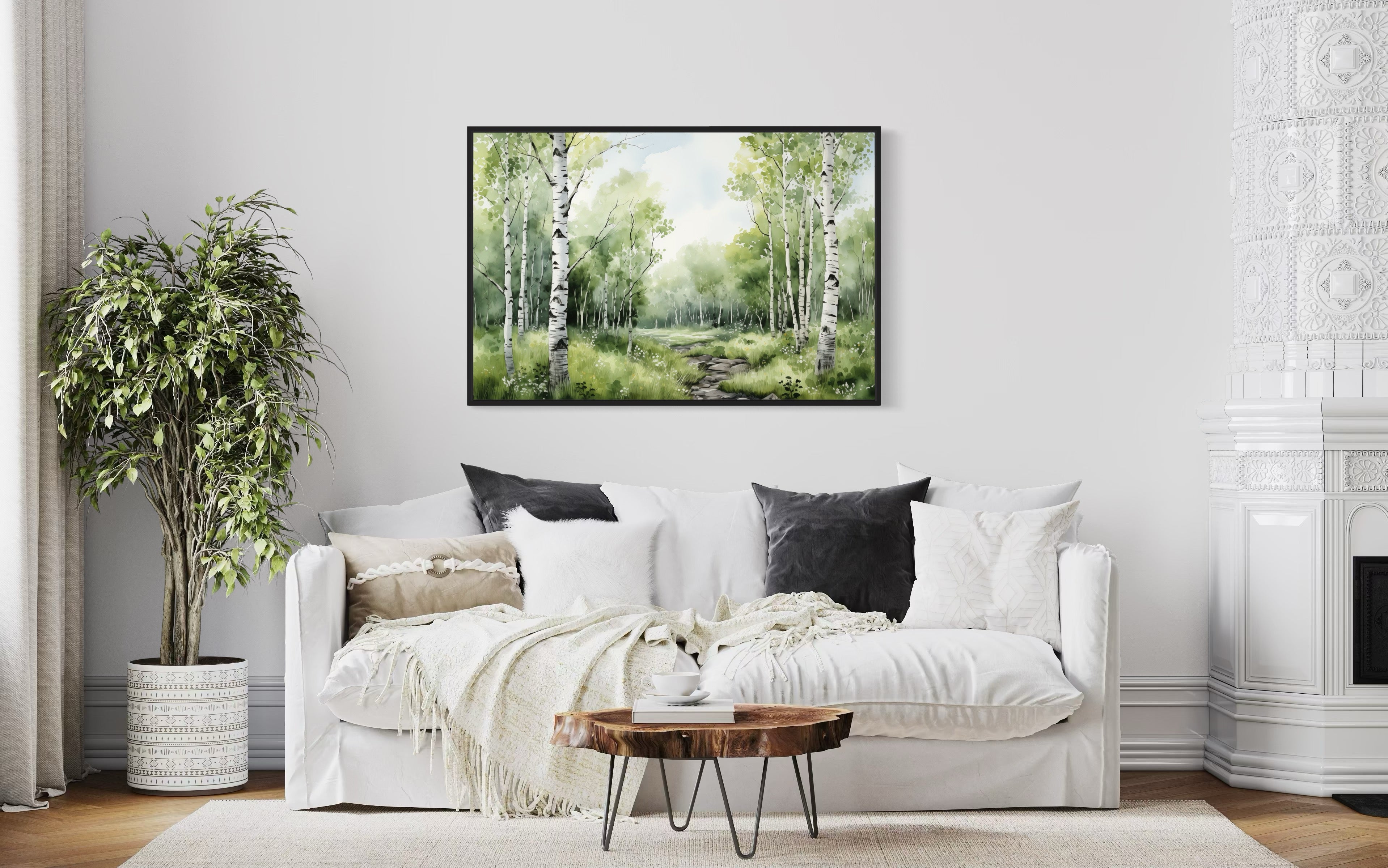 Birch Trees Forest In Summer Framed Canvas Wall Art