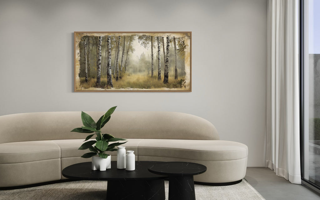 Birch Trees Forest In Summer Rustic Framed Canvas Wall Art