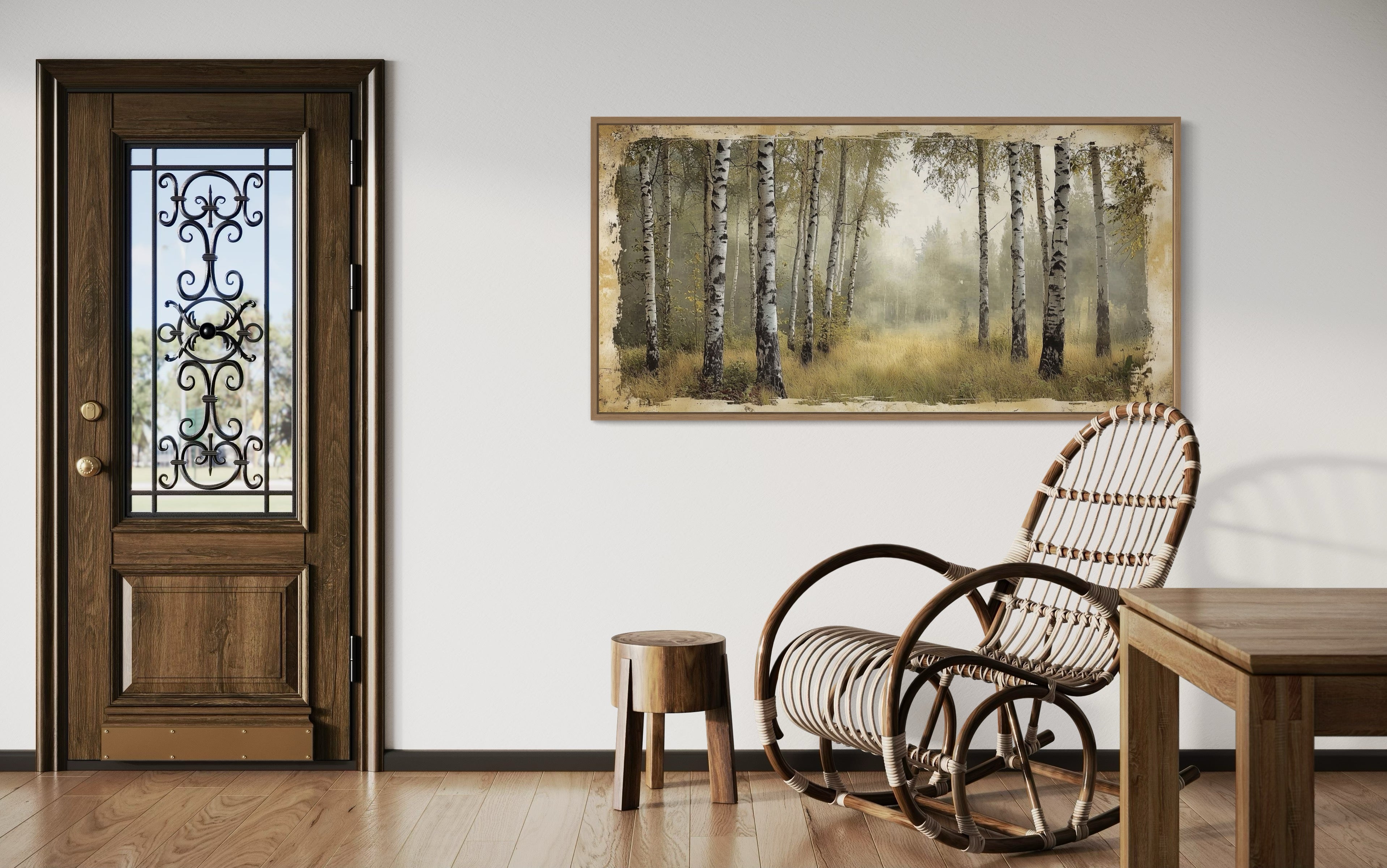 Birch Trees Forest In Summer Rustic Framed Canvas Wall Art