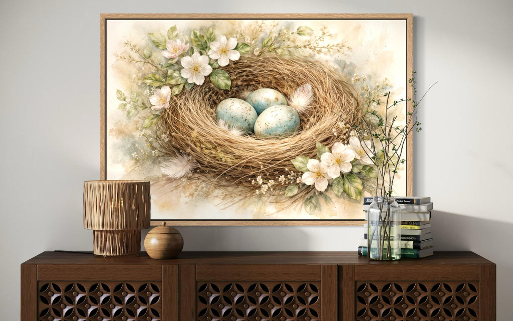 Bird Nest Wall Art – Easter Nest Canvas Print | Soft Pastel Spring Floral Decor