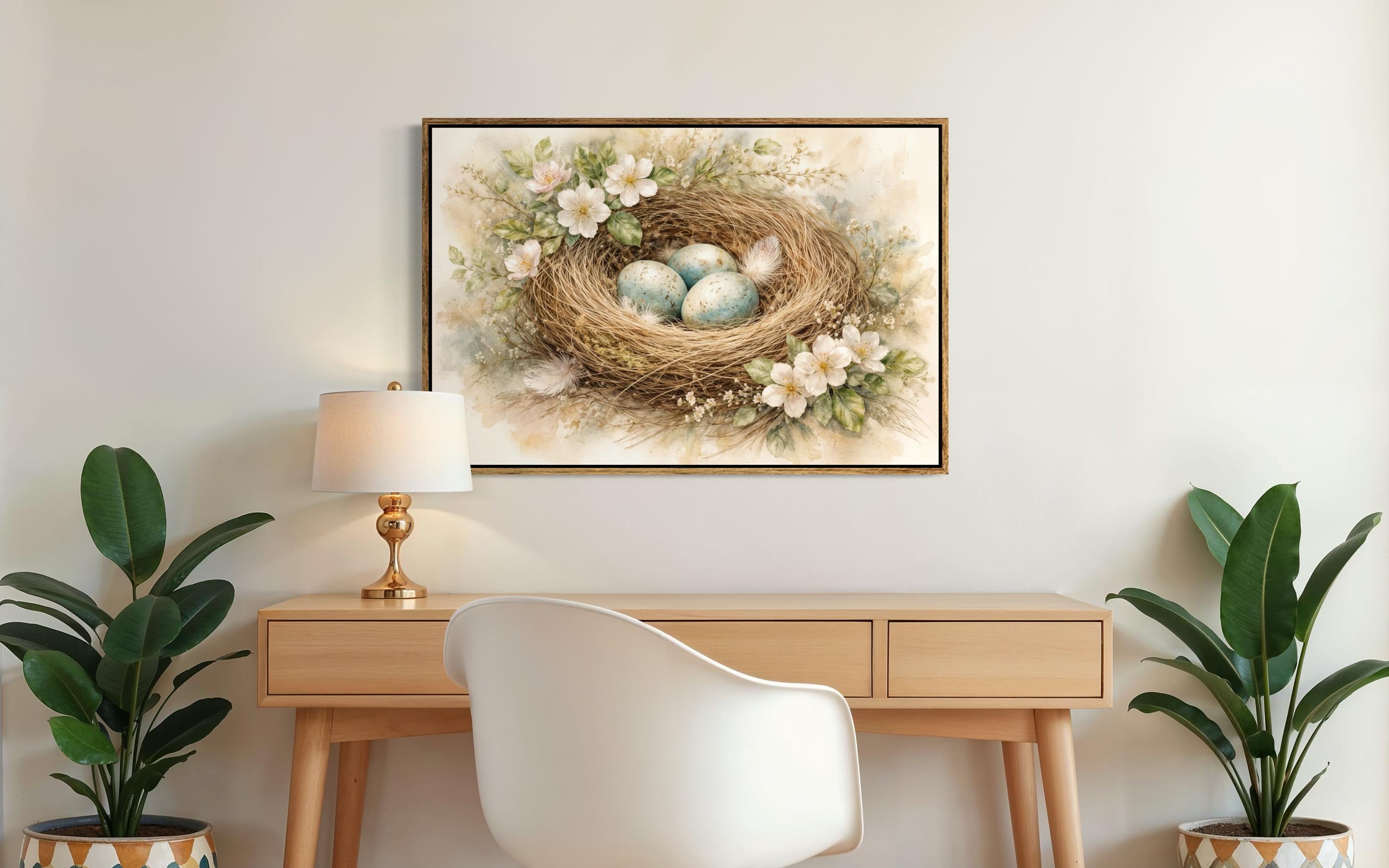 Bird Nest Wall Art – Easter Nest Canvas Print | Soft Pastel Spring Floral Decor