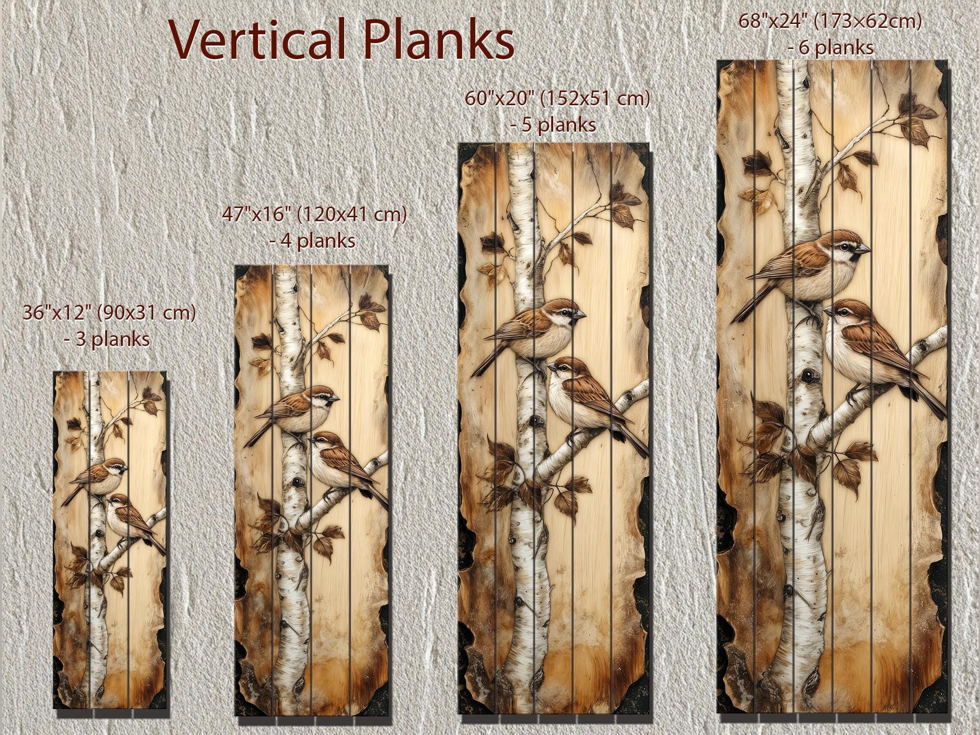 Birds On Birch Tree Vertical Narrow Distressed Wood Wall Decor