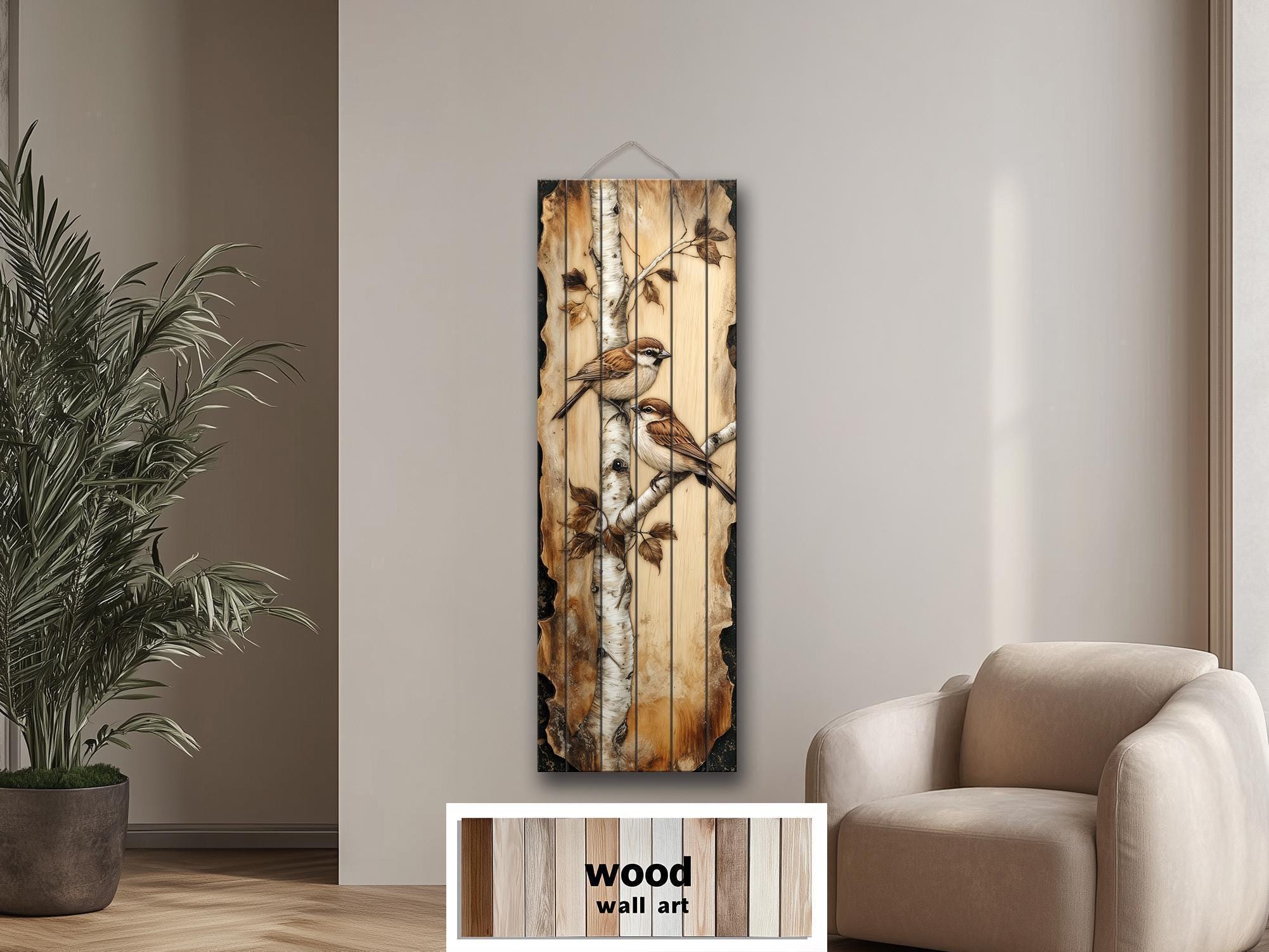 Birds On Birch Tree Vertical Narrow Distressed Wood Wall Decor