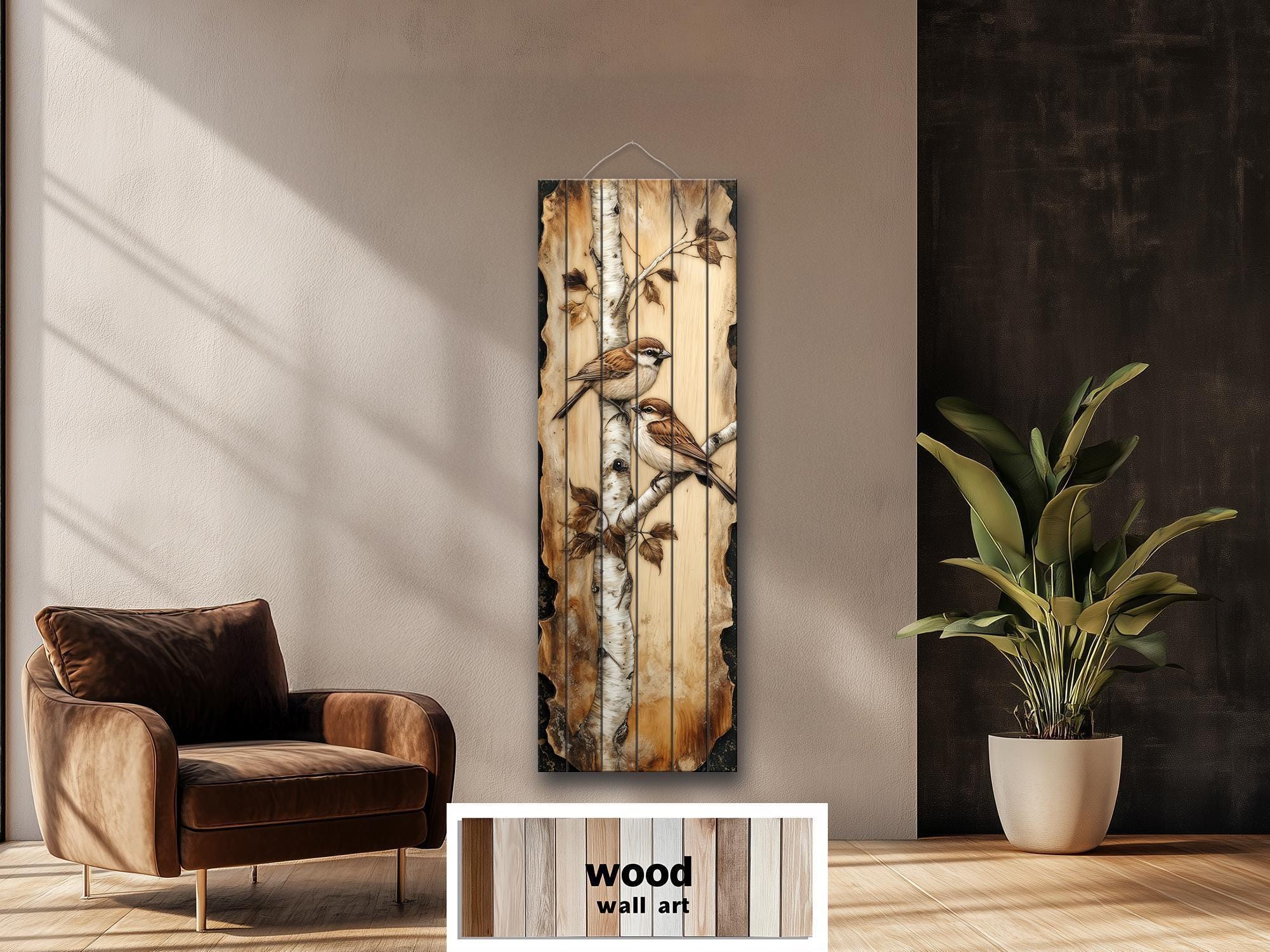 Birds On Birch Tree Vertical Narrow Distressed Wood Wall Decor