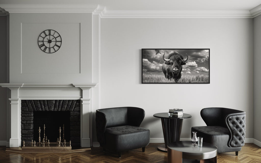 Bison Wall Art – Black and White Framed Canvas Print | Rustic Wildlife Decor