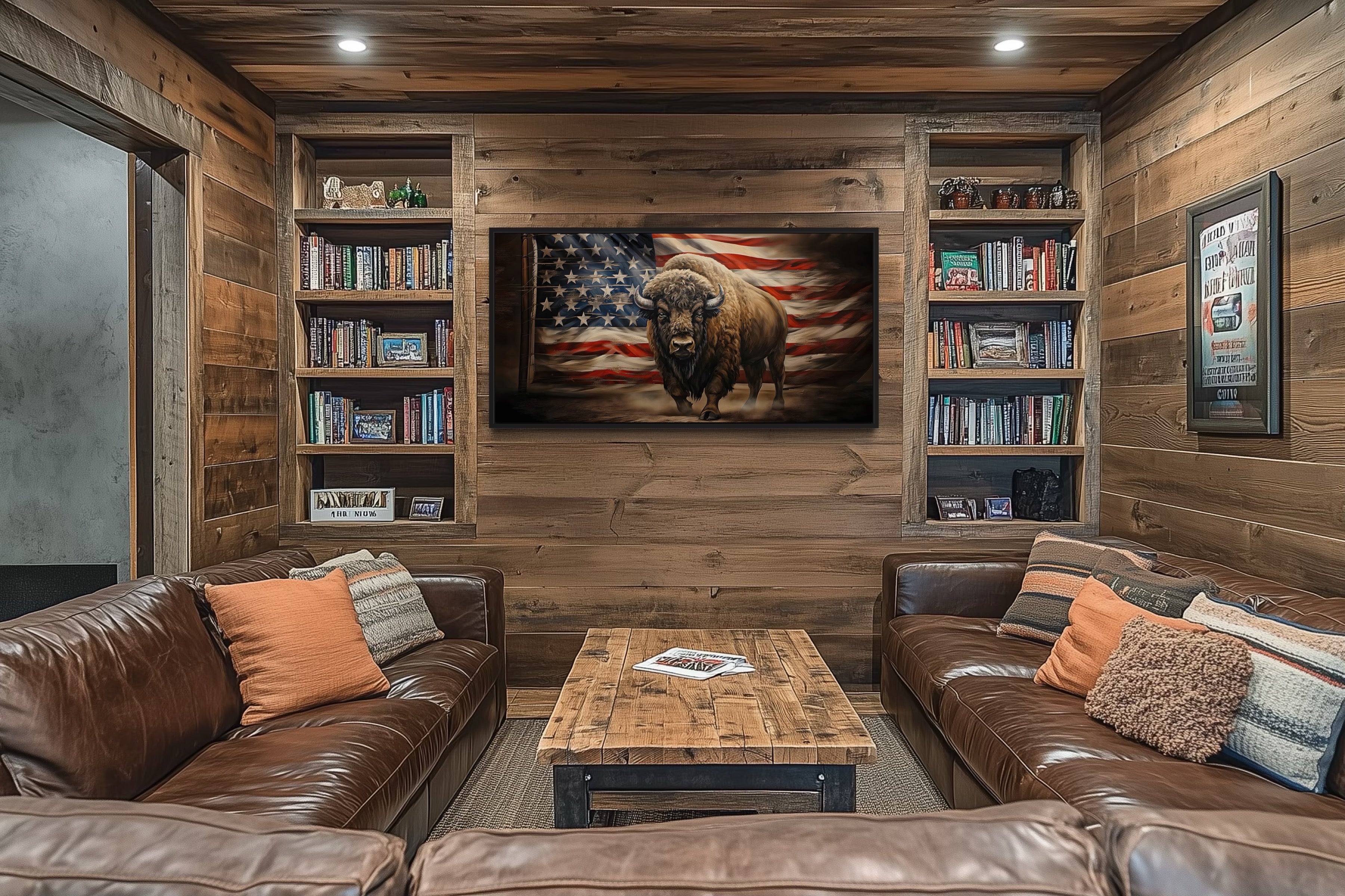 Bison Wall Art – Southwestern Framed Canvas Print With American Flag Decor