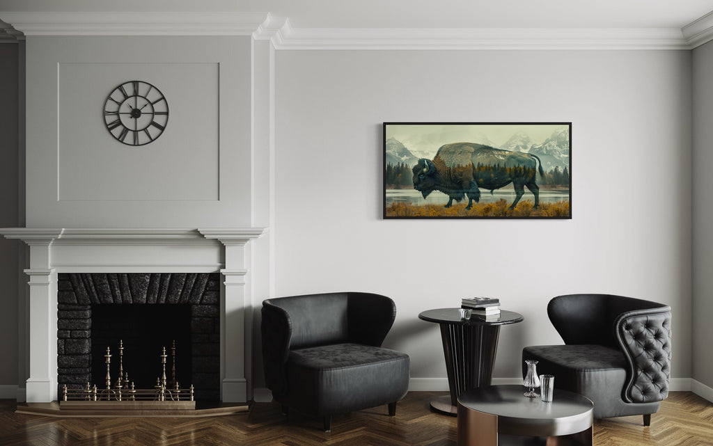 Bison Wall Art - Yellowstone Double Exposure Canvas | Rustic Wildlife Decor Print