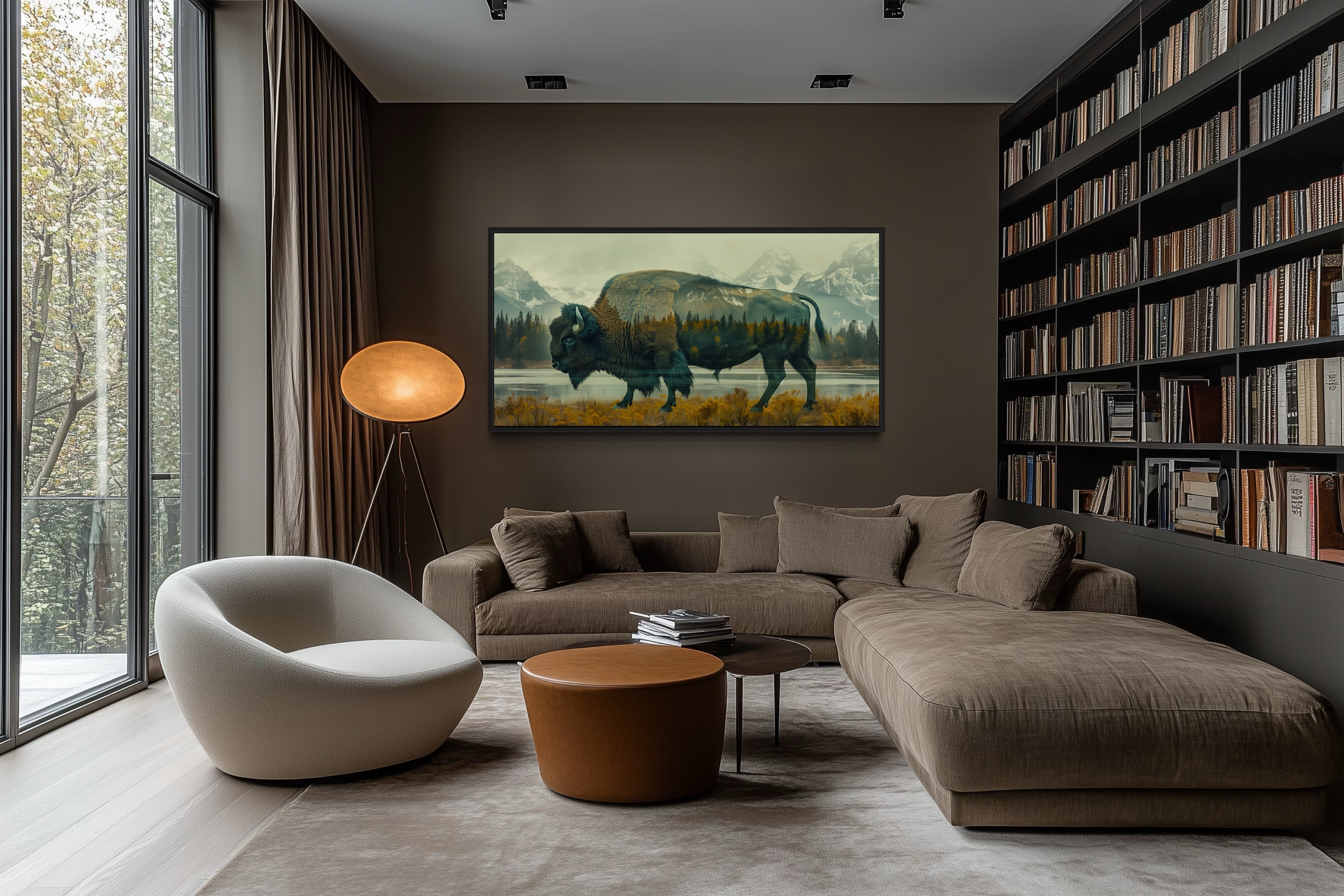 Bison Wall Art - Yellowstone Double Exposure Canvas | Rustic Wildlife Decor Print
