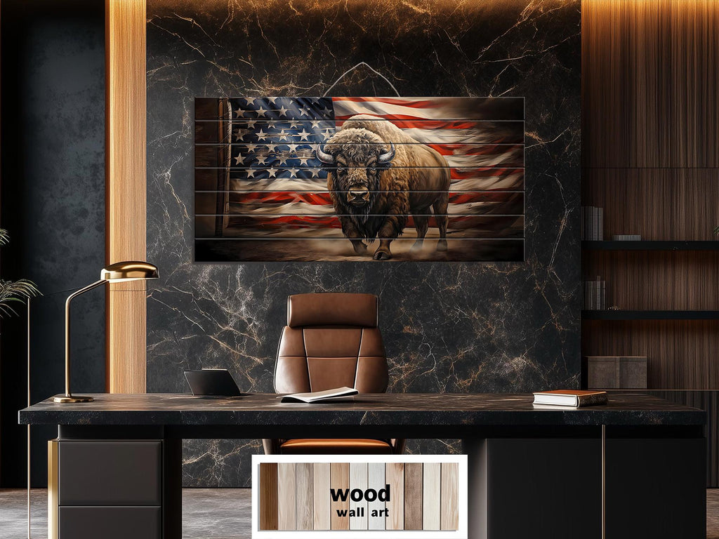Bison and American Flag Distressed Wood Wall Art