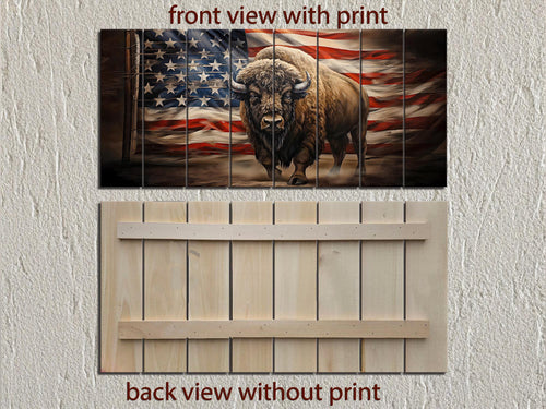 Bison and American Flag Distressed Wood Wall Art