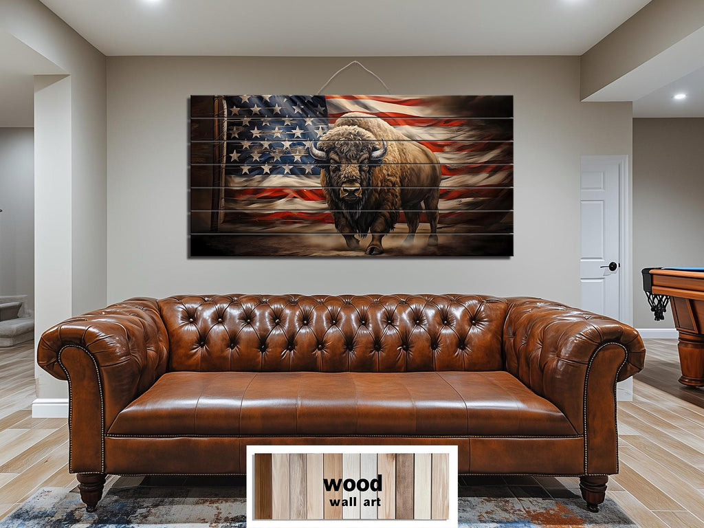Bison and American Flag Distressed Wood Wall Art