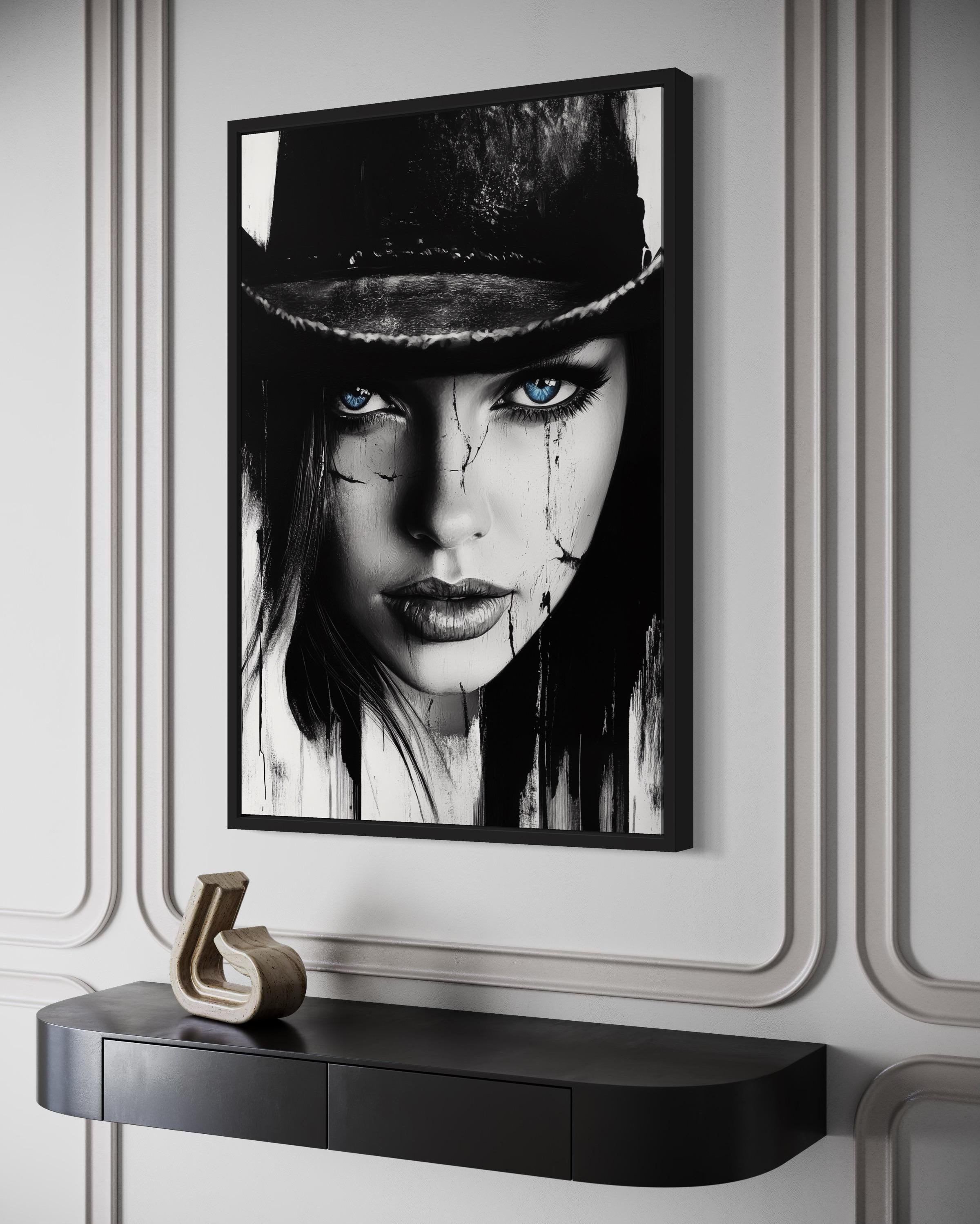 Black And White Cowgirl Portrait With Striking Blue Eyes Wall Art