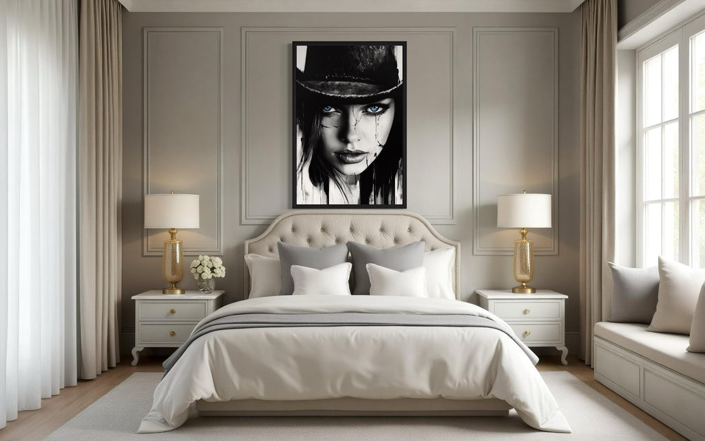 Black And White Cowgirl Portrait With Striking Blue Eyes Wall Art
