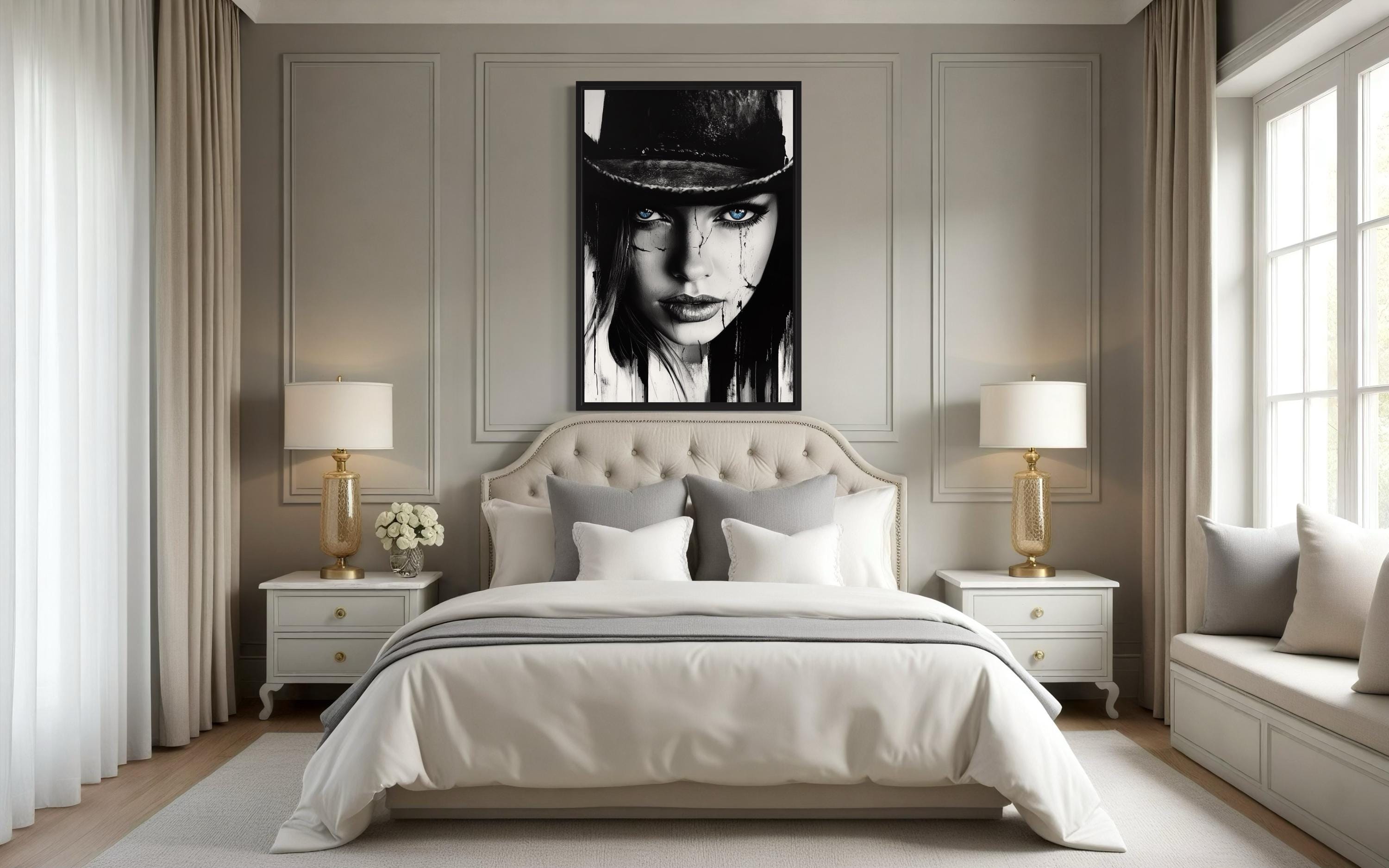Black And White Cowgirl Portrait With Striking Blue Eyes Wall Art