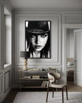 Black And White Cowgirl Portrait With Striking Blue Eyes Wall Art