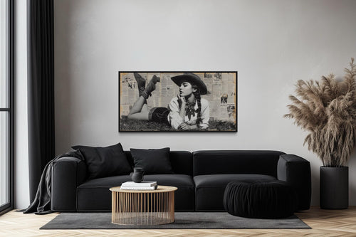 Black And White Western Cowgirl On Newspaper Collage Wall Art