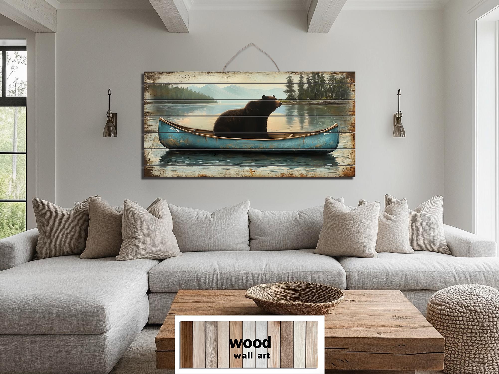 Black Bear In Blue Canoe Distressed Wood Wall Art