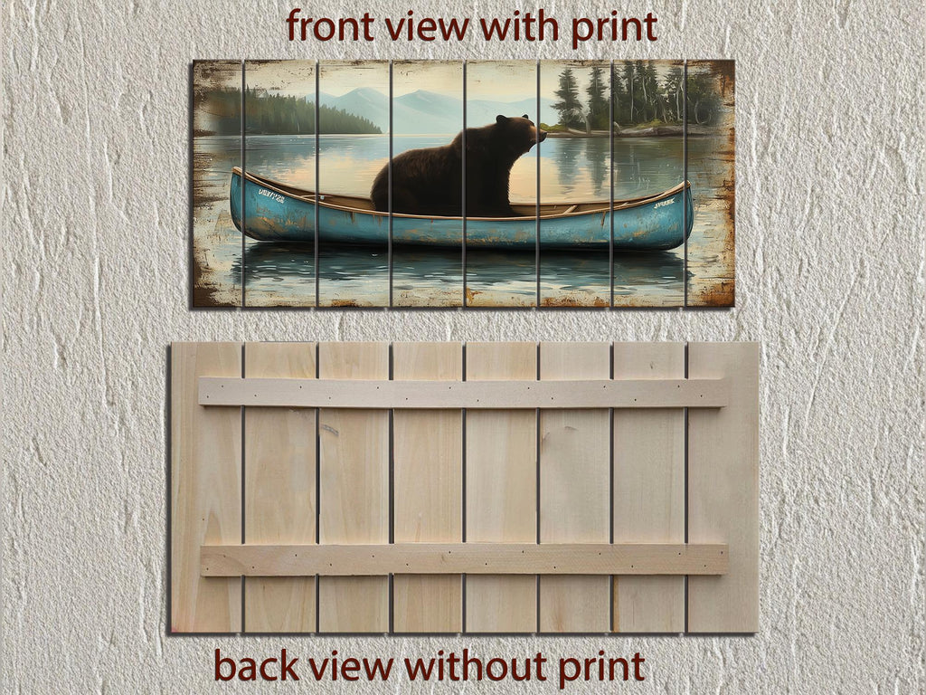 Black Bear In Blue Canoe Distressed Wood Wall Art