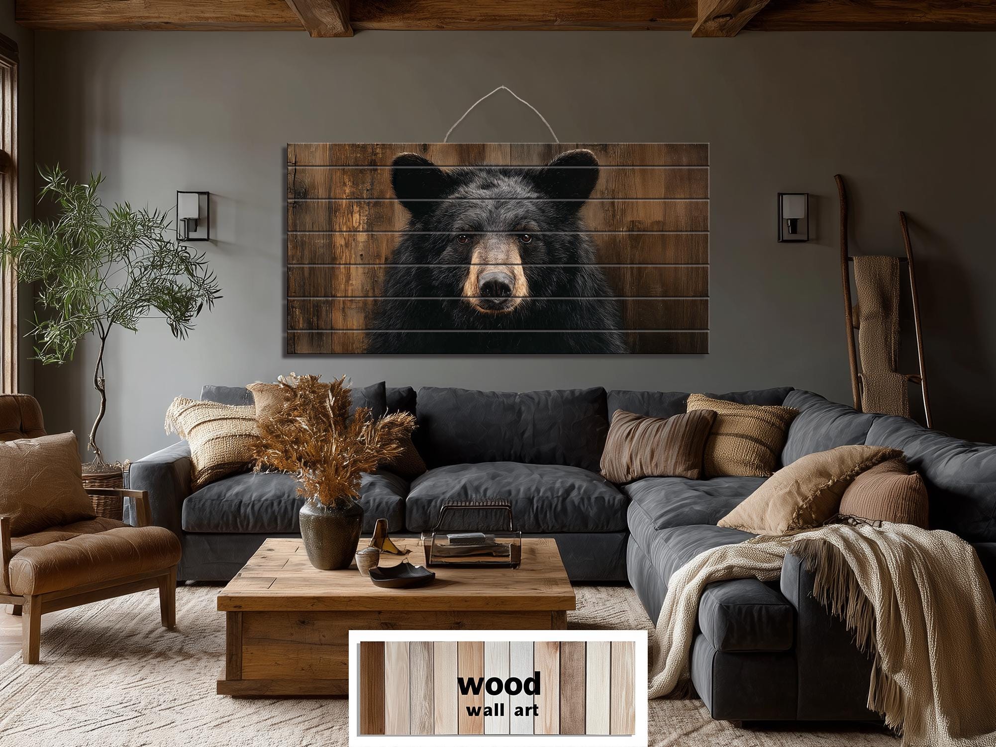 Black Bear Portrait Large Horizontal Wood Wall Art, Rustic Cabin Hunting Lodge Or Man Cave Decor